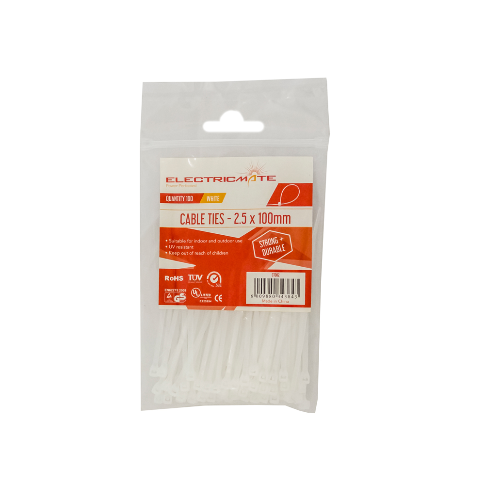 Electricmate – Cable Ties White 2.5 x 100mm – Pack of 100)