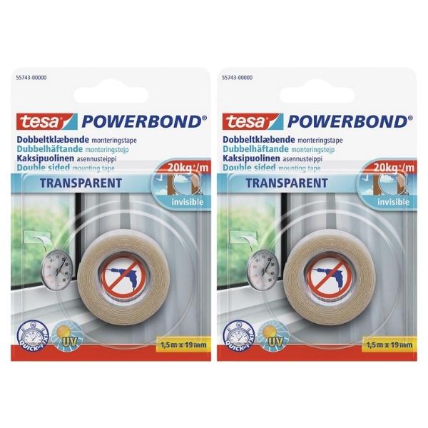 Tesa – Double Sided Mounting Tape 19mm x 1.5m – Transparent – Pack of 2