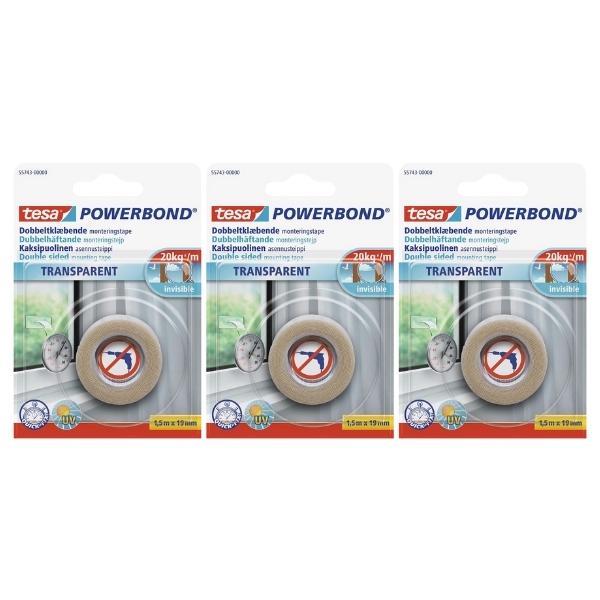 Tesa – Double Sided Mounting Tape 19mm x 1.5m – Transparent – Pack of 3