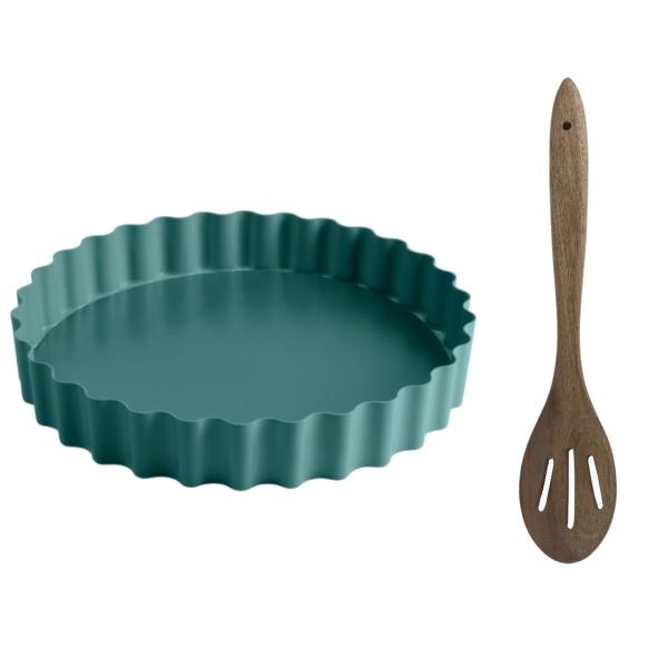 Jamie Oliver – Tart Tin 25cm Loose Base Atlantic Green and Wooden Spoon