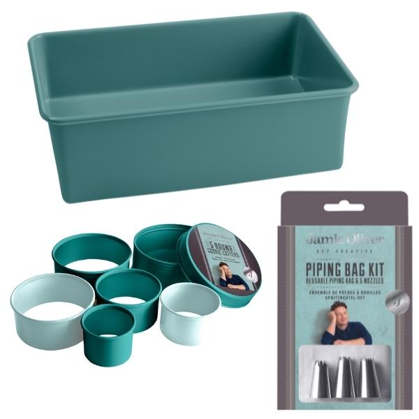 Jamie Oliver – Loaf Tin, 5 x Round Cookie Cutters and Icing/Piping Bag Kit