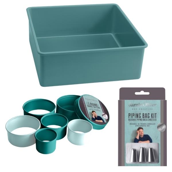 Jamie Oliver – Square Cake Pan/Tin, Round Cookie Cutters and Icing Bag Kit