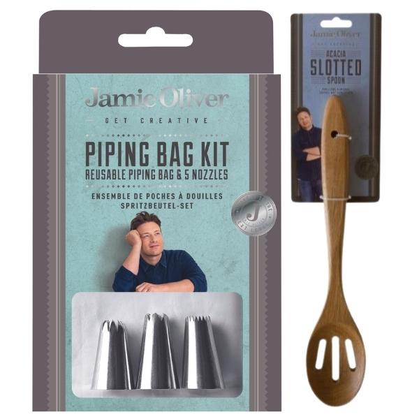 Jamie Oliver – Icing/Piping Bag & Nozzles with Acacia Slotted Wooden Spoon