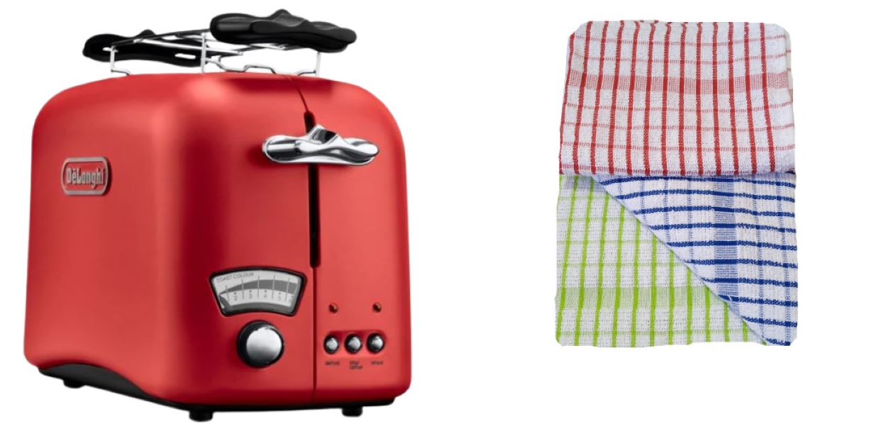 Delonghi Argento 2 Slice Toaster Red With set of 3 Teacloths Combo