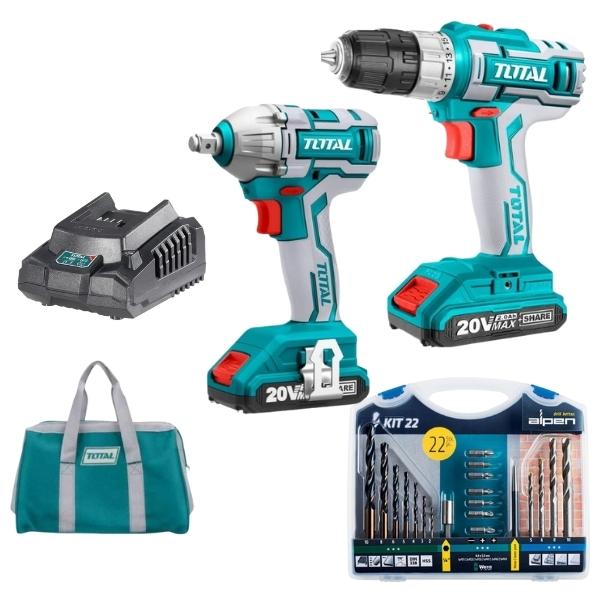 Total – Lithium-ion Cordless Combo Kit with Alpen Drill Bits Set (22 Piece)