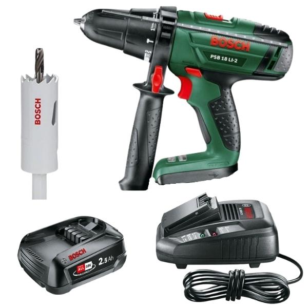 Bosch – Cordless Lithium- Ion Hammer Drill Kit PSB 18 LI-2 and HSS-Bimetal