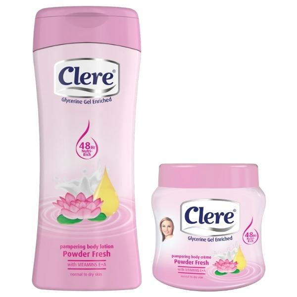 Clere – Body Lotion 200ml and Body Crème 300ml Combo Set – Powder Fresh