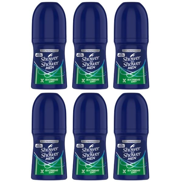 Shower To Shower – Roll – On For Men 50ml – Extreme Dry Pack of 6
