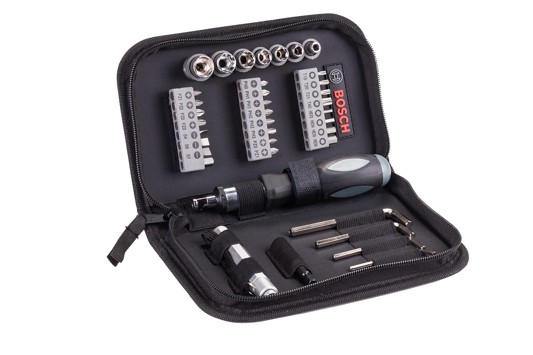 Bosch 38 Piece Blue Mixed Set (Torch, Ratchet Hand Screwdriver, Bits, Sockets, Allen Keys)