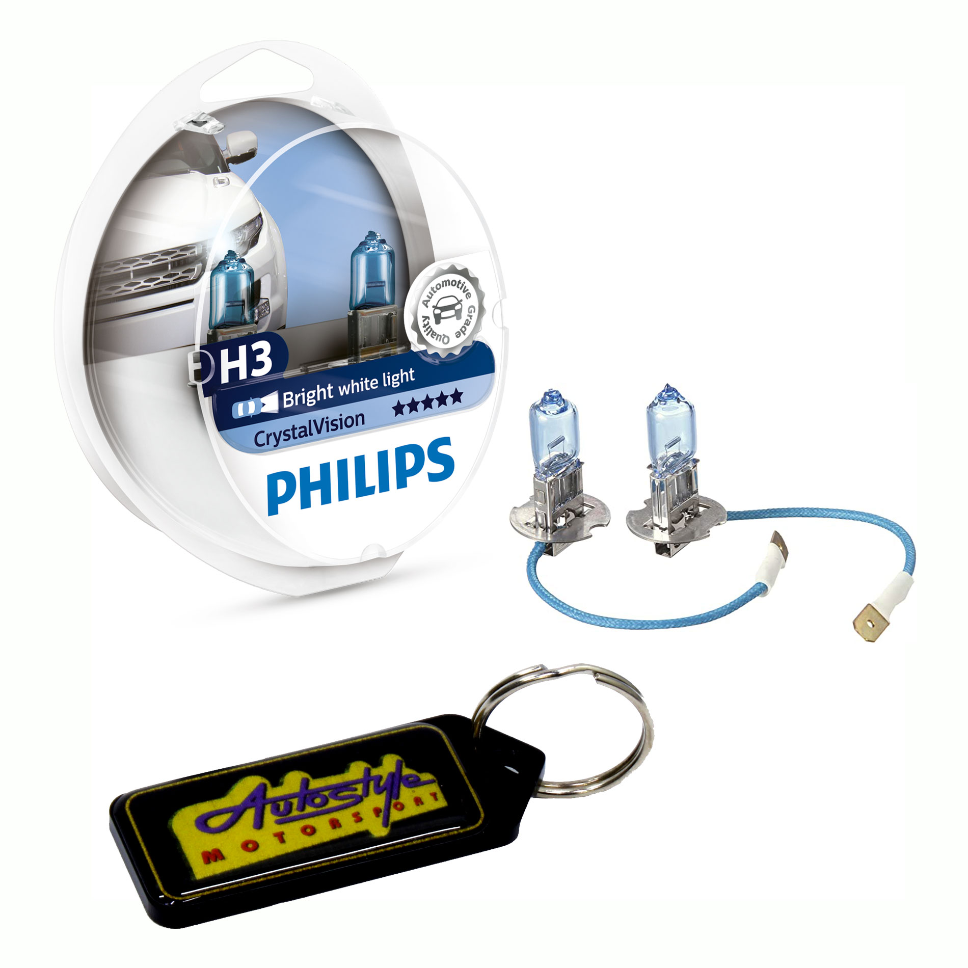 Philips H3 CrystalVision Headlight Bulbs 55W & Gel Key Holder