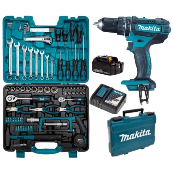 Makita – Cordless Impact Drill and Bort Mechanics DIY Hand Tool Set – Combo