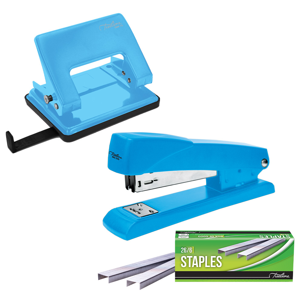 Treeline Metal Stapler & Punch Combo + Box of Staples – Blue