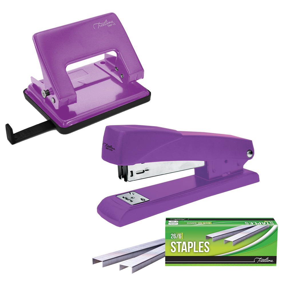 Treeline Metal Stapler & Punch Combo + Box of Staples – Purple