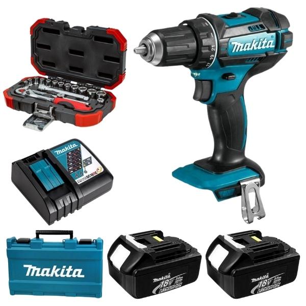 MAKITA – Cordless Impact Drill Kit DHP482RFE and 1/4 Inch Socket Set (16 Piece)
