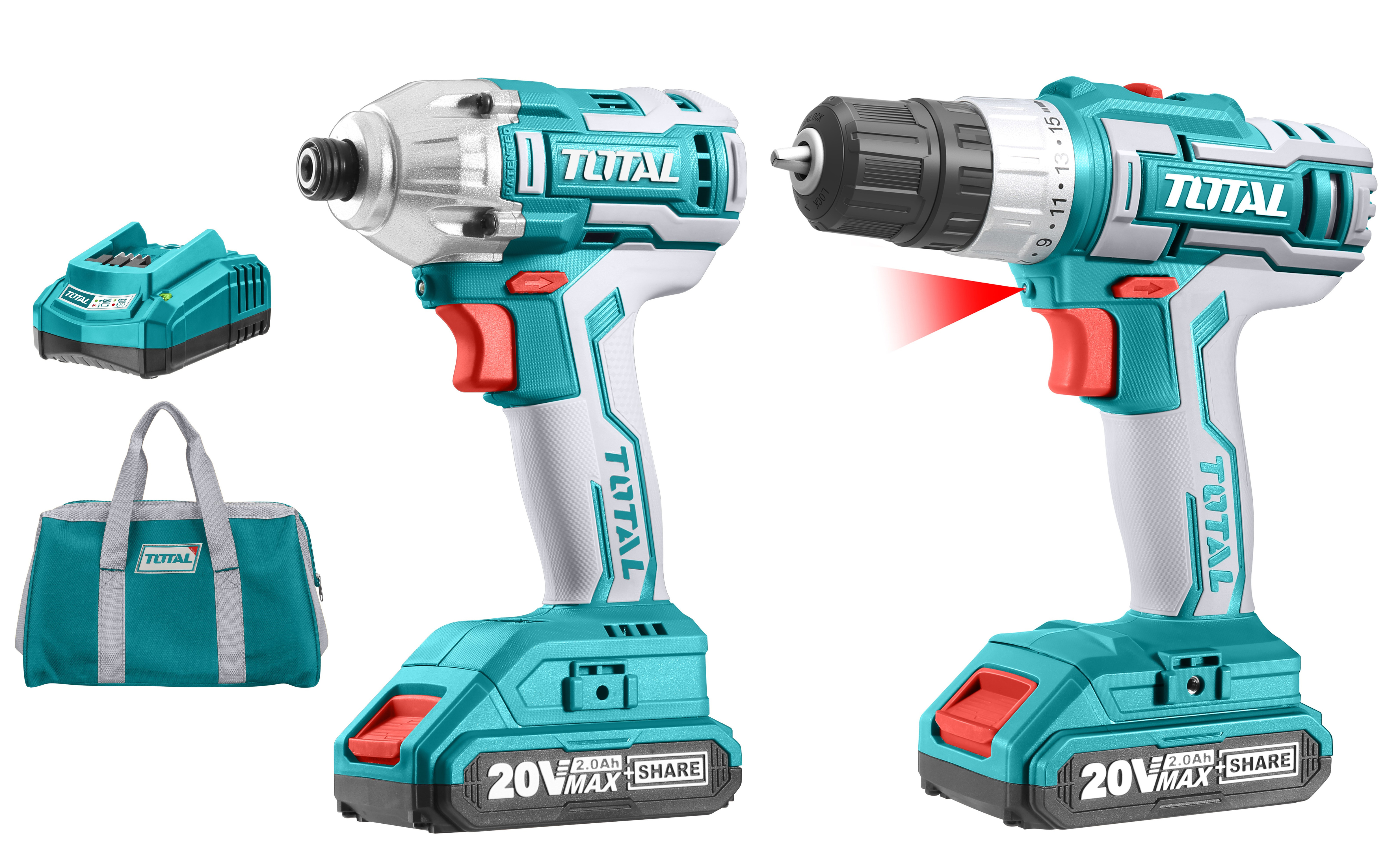 Total Tools 20V Drill and Impact Driver with 2 x Batteries & Charger