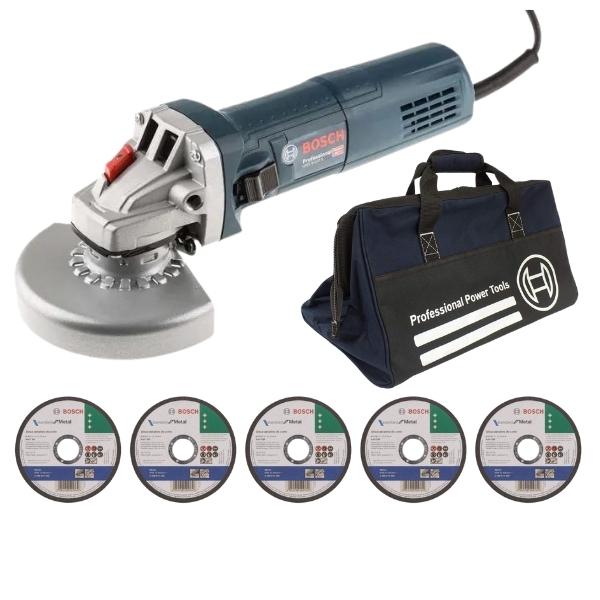 Bosch – Angle Grinder GWS 9-115, 5 x Cutting Discs 115mm & Tool Bag