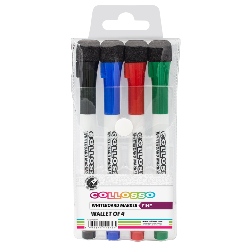 Collosso Whiteboard Markers Bullet Point Magnetic Cap – Wallet of 4