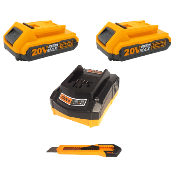 Ingco 2.0 Ah Lithium-Ion Battery Packs x 2 With Charger and Knife