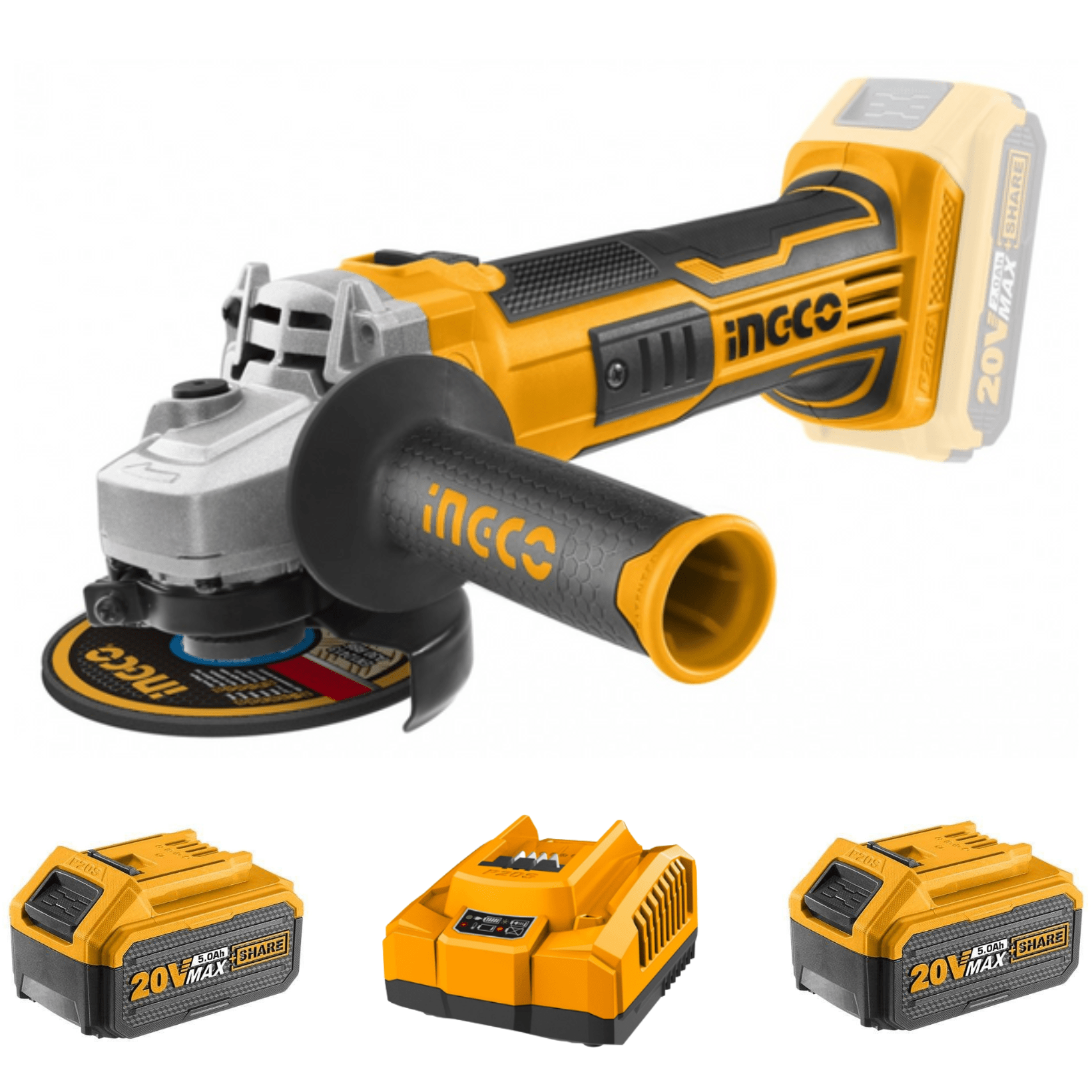 Ingco Cordless Angle Grinder 20V 115Mm Kit (Charger + 2x Battery 5AH incl.)