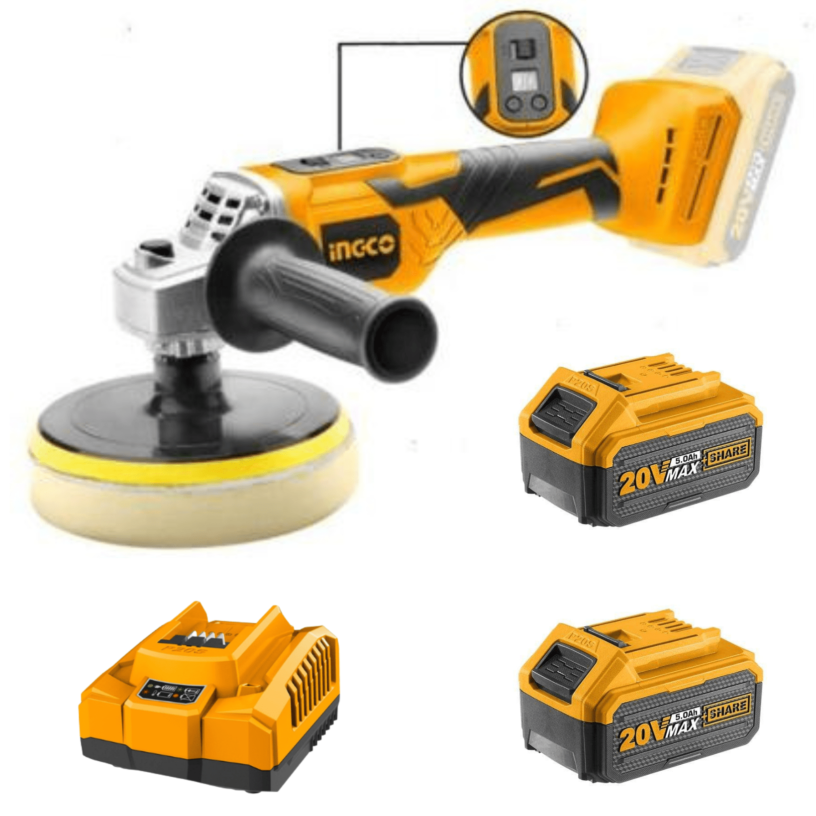 Ingco Li-Ion Angle Polisher brushless motor Kit(Charger + 2x Battery incl.)