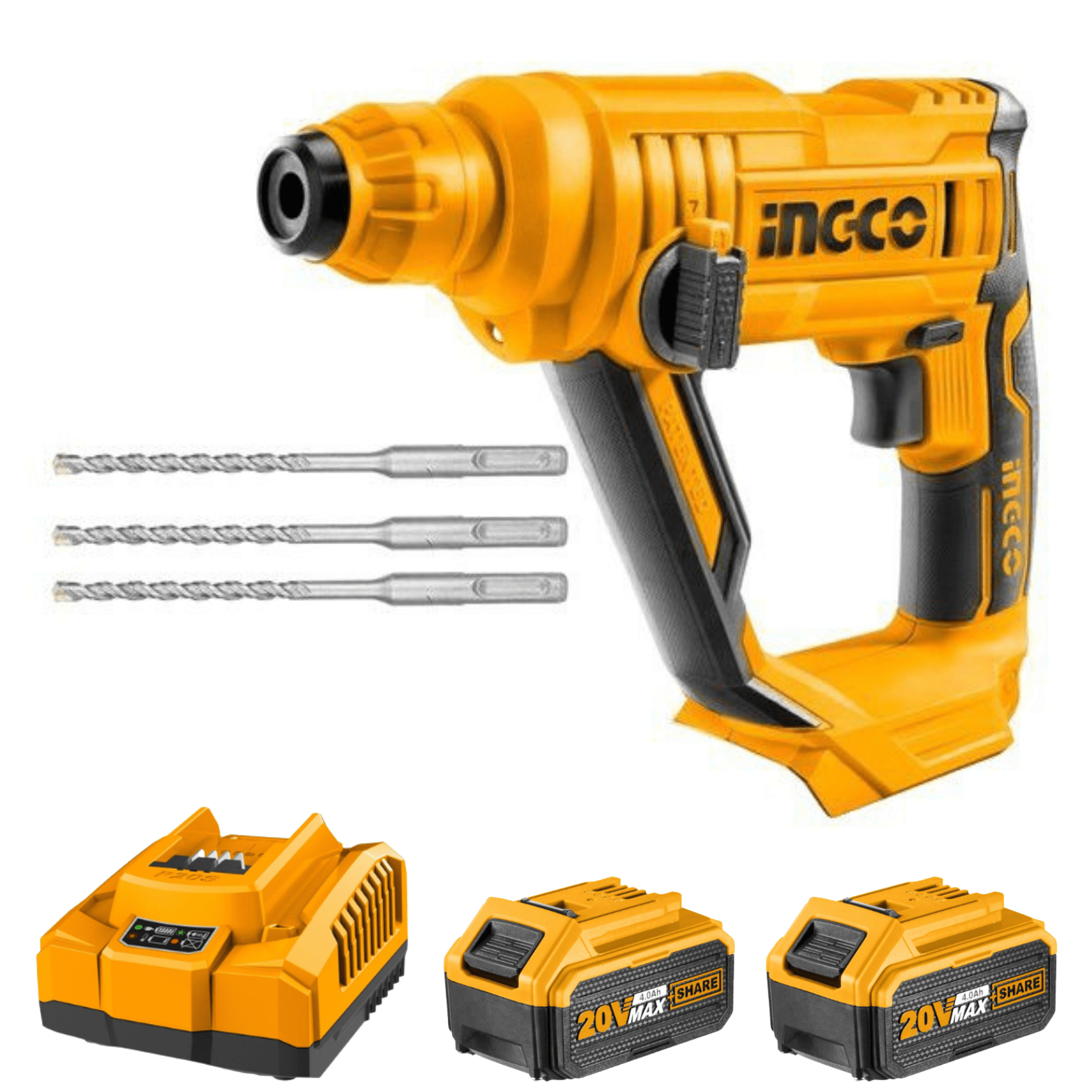 Ingco Rotary Hammer with 3 Drill Bits Kit(Charger + 2x Battery (4AH) Incl.)