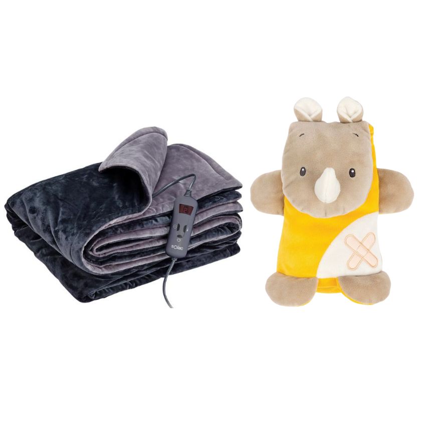 Solac – Kids Single Bed Electric Throw Over Blanket & Nattou Plush – Rhino