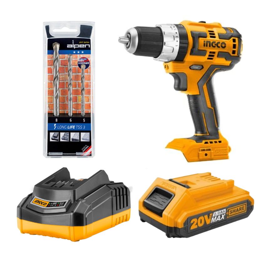 Ingco -Lithium Impact Drill, Charger, 2.0Ah Battery & 3Pce Drill Bit Set