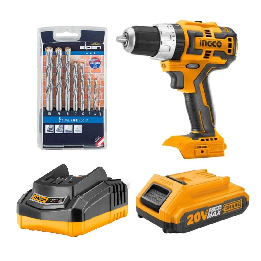 Ingco – Lithium Impact Drill, Charger, 2.0Ah Battery & 8 Pce Drill Bit Set