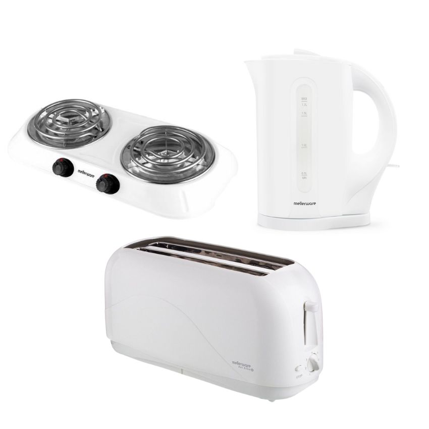 Mellerware -Double Hotplate, 1.7L Cordless Kettle & 4 Slice Toaster -White