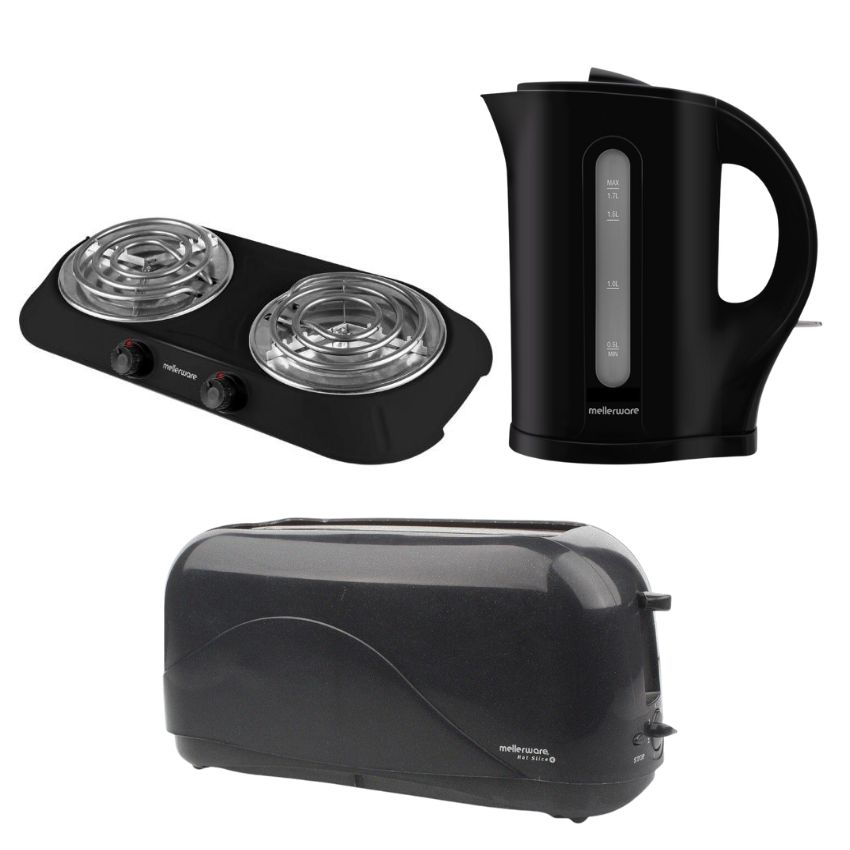 Mellerware – Double Hotplate, 1.7L Cordless Kettle & 4 Slice Toaster -Black