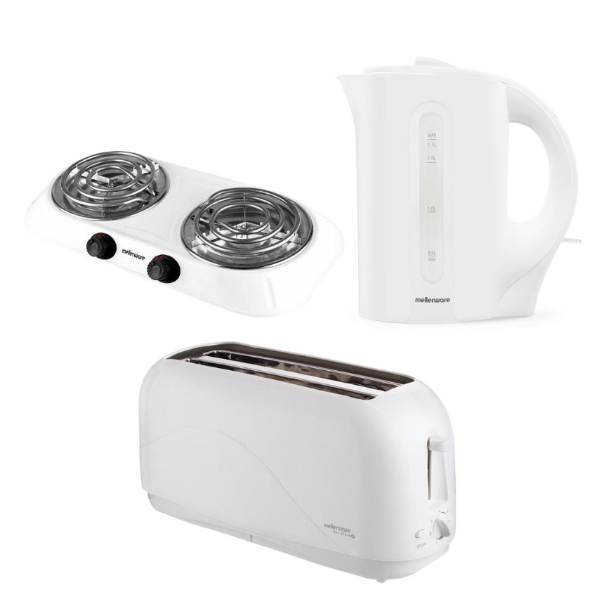 Mellerware – Double Hotplate, 1.7L Corded Kettle & 4 Slice Toaster – White