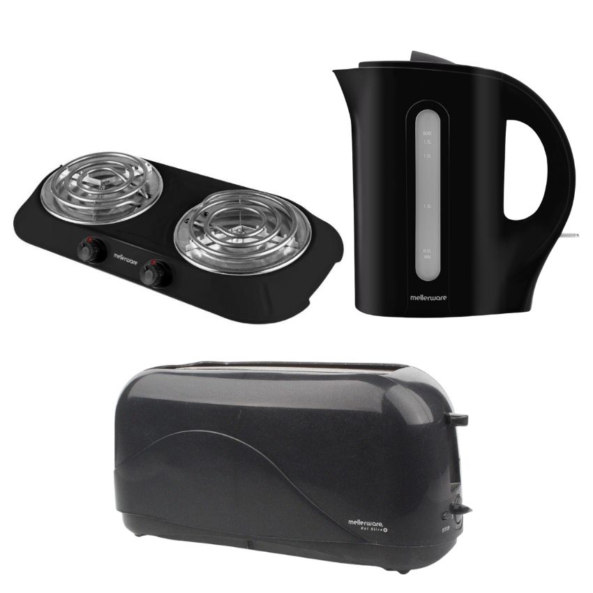 Mellerware – Double Hotplate, 1.7L Corded Kettle & 4 Slice Toaster – Black