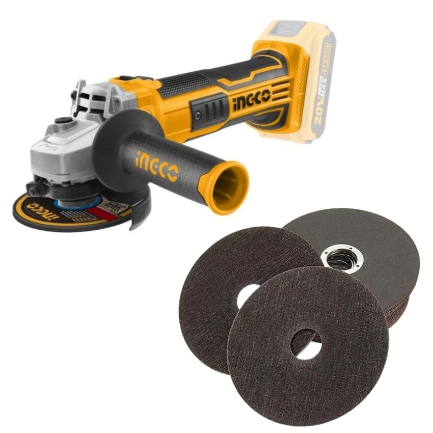 Ingco – Lithium-Ion Angle Grinder and Generic Cutting Discs x10