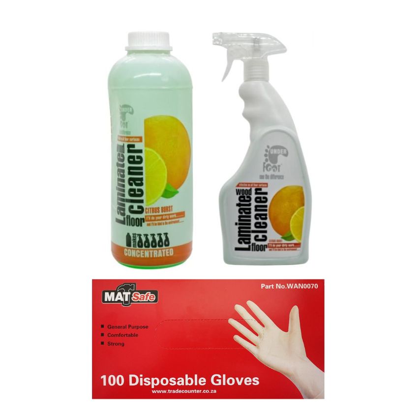 Under Foot – Laminate Wood Floor Cleaner – Citrus Burst 750ml+1L & Gloves