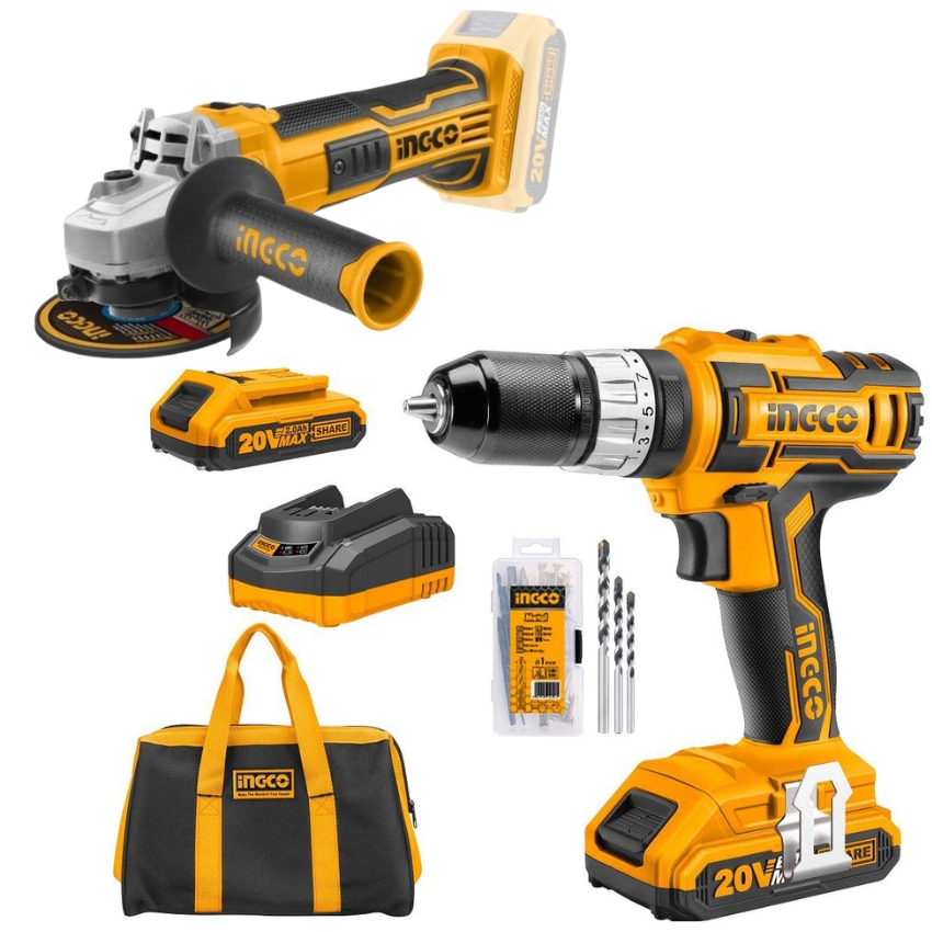 Ingco – Cordless Impact Drill – MEGA COMBO KIT with Cordless Angle Grind