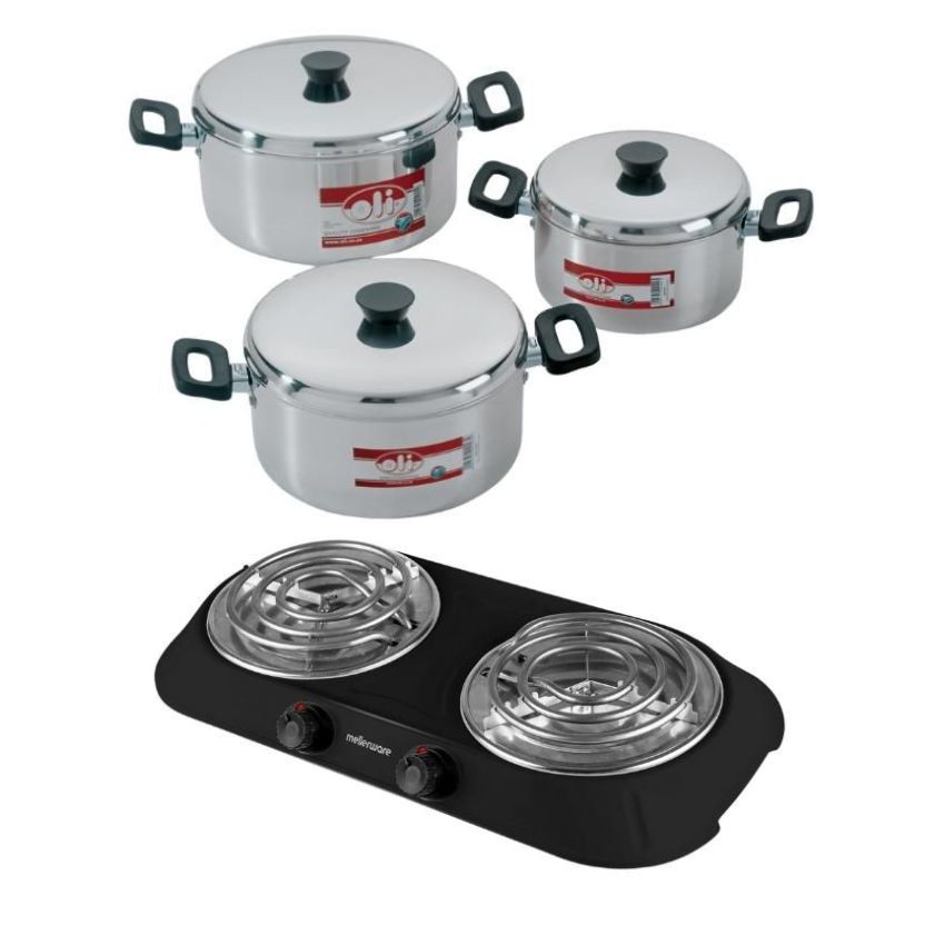 Oli – Polished Aluminium Pot Set – 6 Piece with Hotplate Spiral Plate-Black