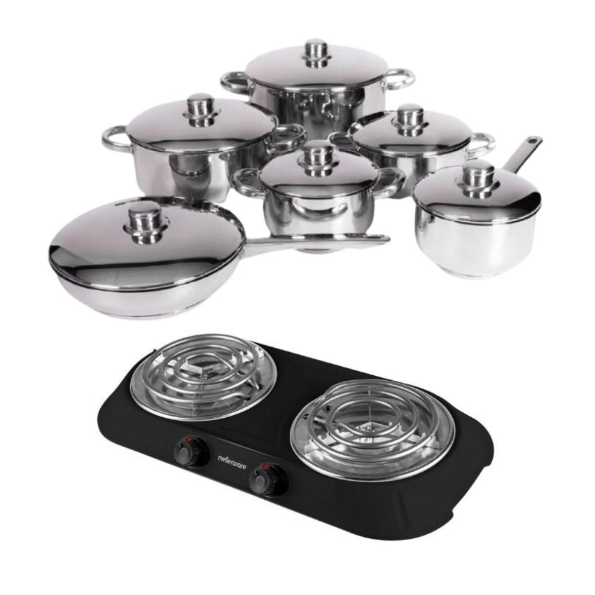 Xcalibur – Stainless Steel Cookware Set – 12 Piece with Hotplate – Black