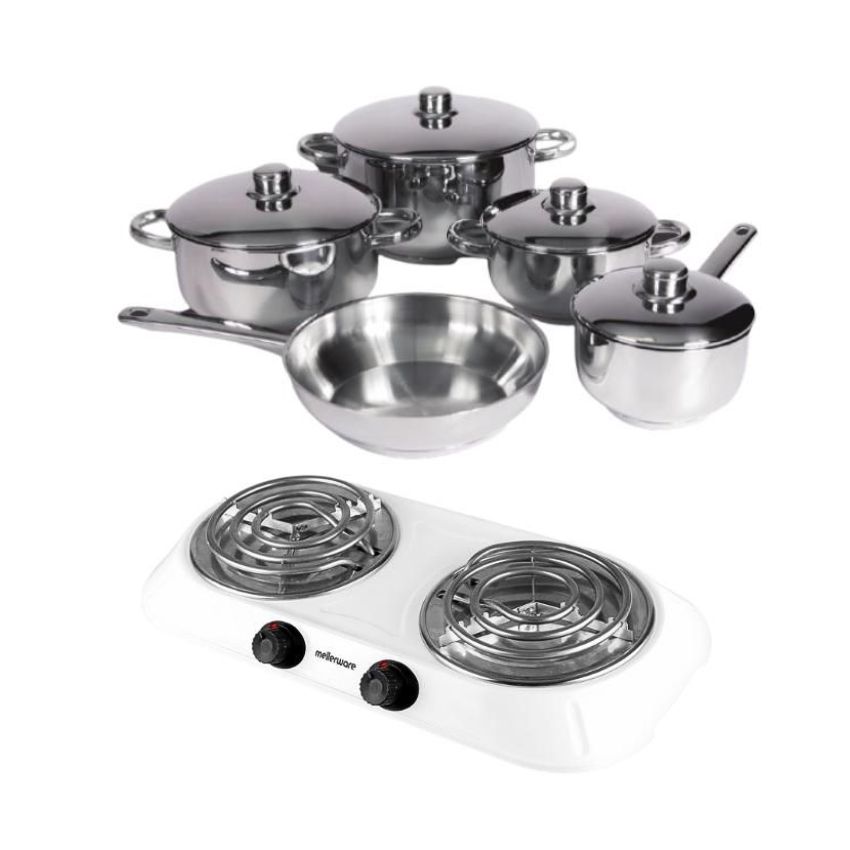 Xcalibur – Stainless Steel Cookware Set – 9 Piece with Hotplate – White