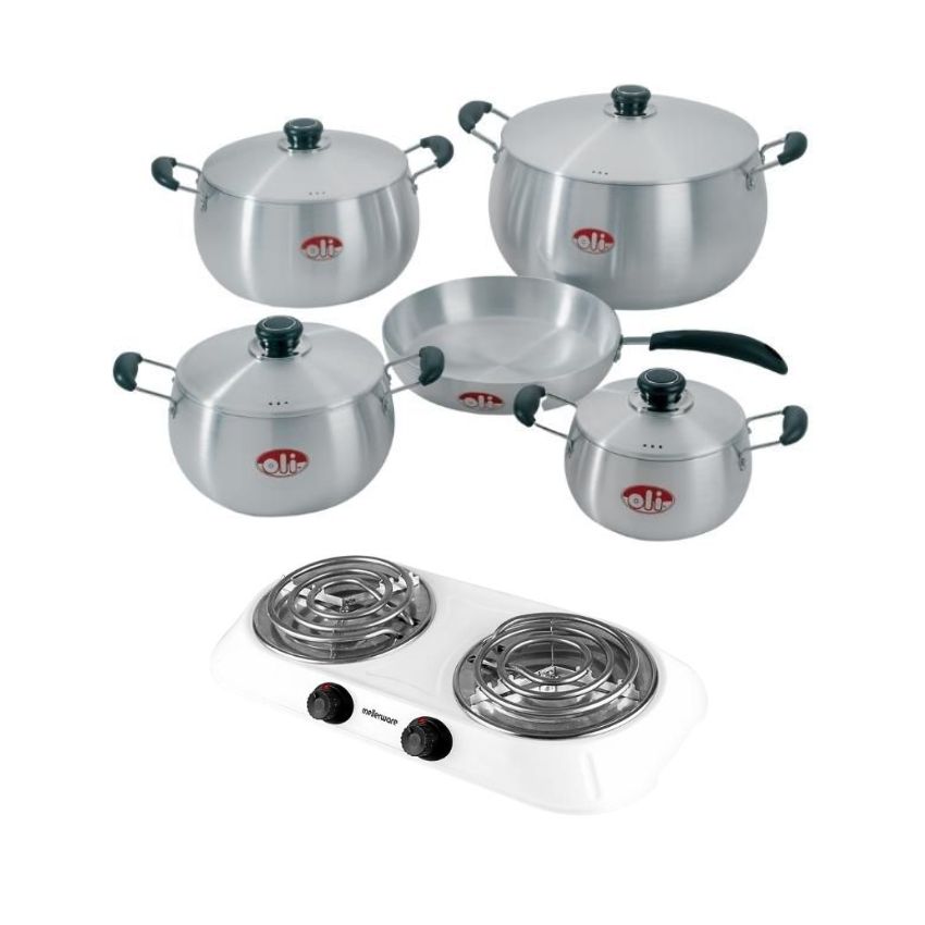 Oli – Rhino Casserole Pot Set – 9 Piece with Hotplate – White