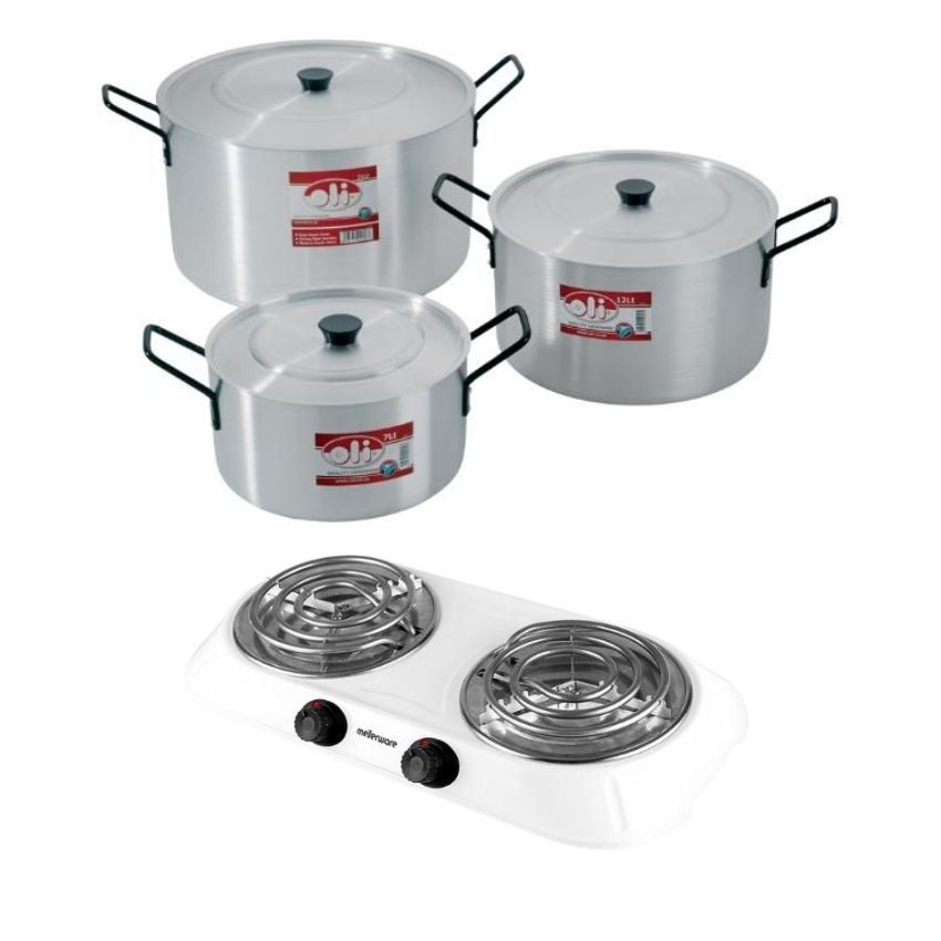 Oli – Emeried Finish Stewpot Set(7,12, 21L) – 6 Piece with Hotplate – White