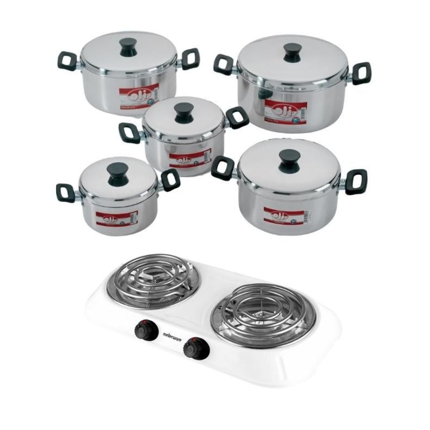 Oli – Polished Aluminium Stewpan Set -10 Piece & Hotplate – White