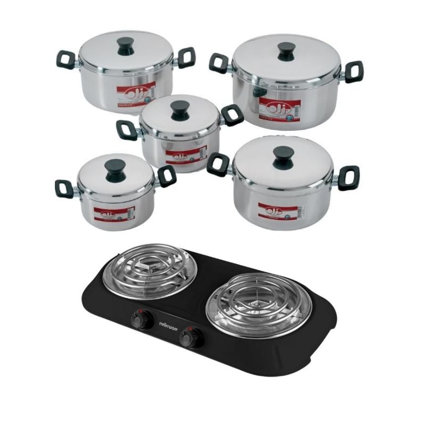 Oli – Polished Aluminium Stewpan Set) – 10 Piece with Hotplate – Black