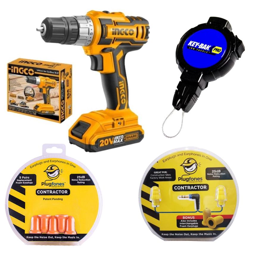 Ingco – Cordless Drill (20V), Wired Earphones, Replacement Buds & Key Bak