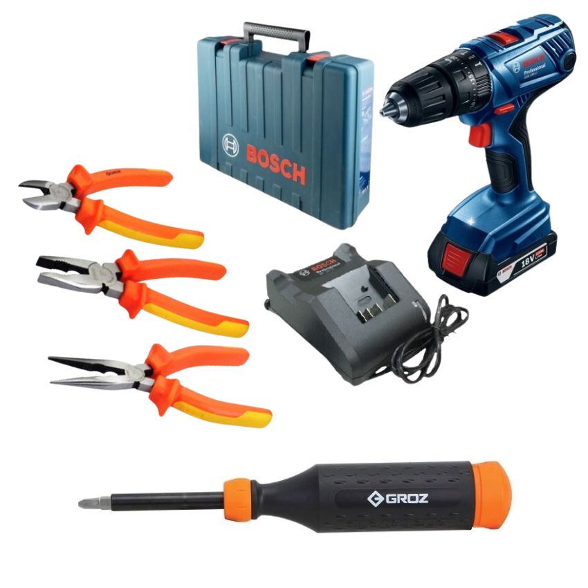 Bosch – Cordless Drill Kit,14pc Retractable Screwdriver & 3pc Plier Set