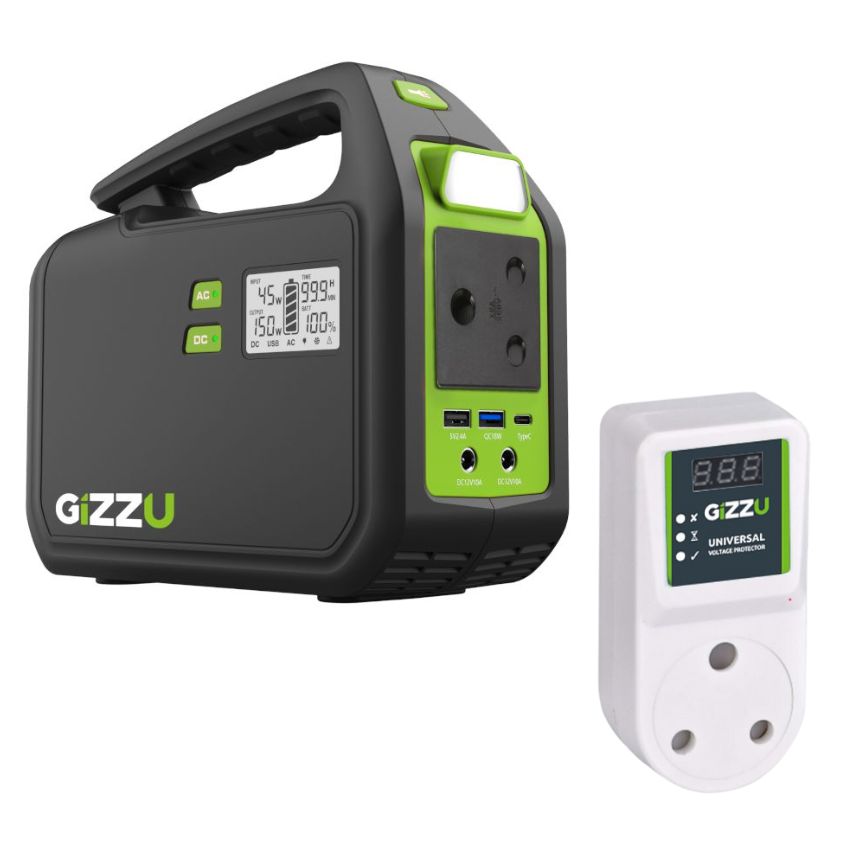 Gizzu – 155Wh Portable Power Station with Universal Voltage Protector Plug