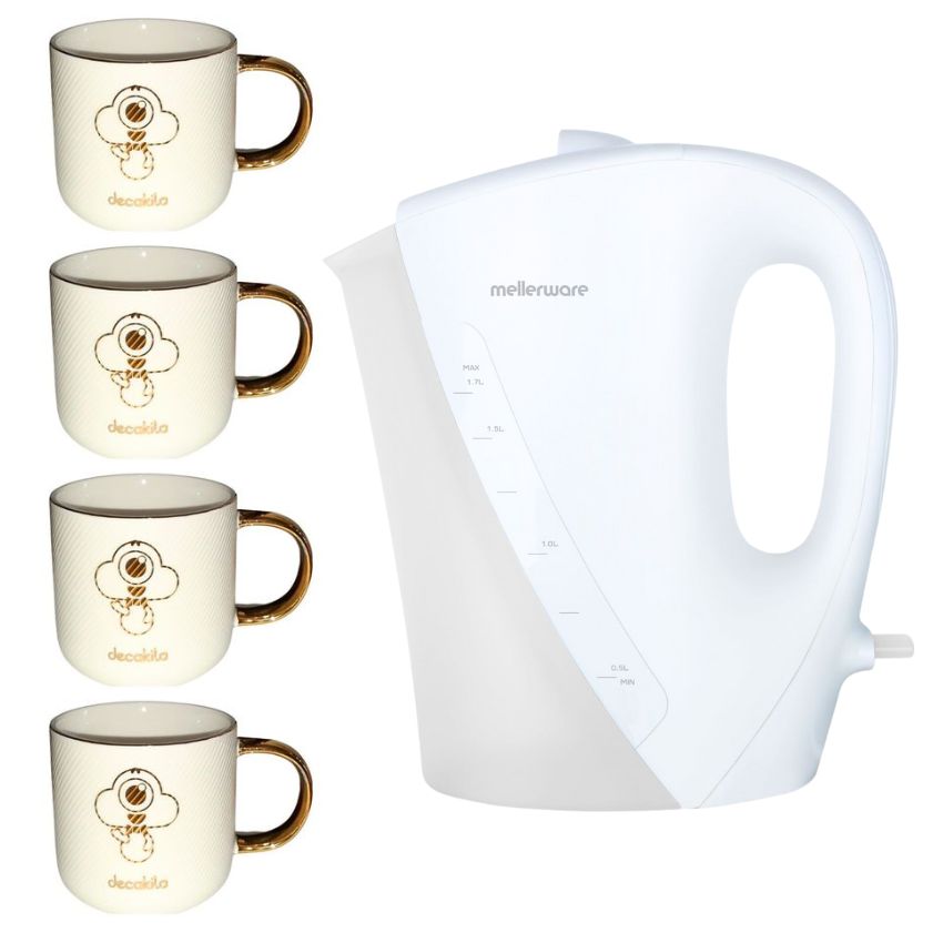 Mellerware – Corded Kettle Plastic White 1.7L &Ceramic Mugs 330ml-Pack of 4