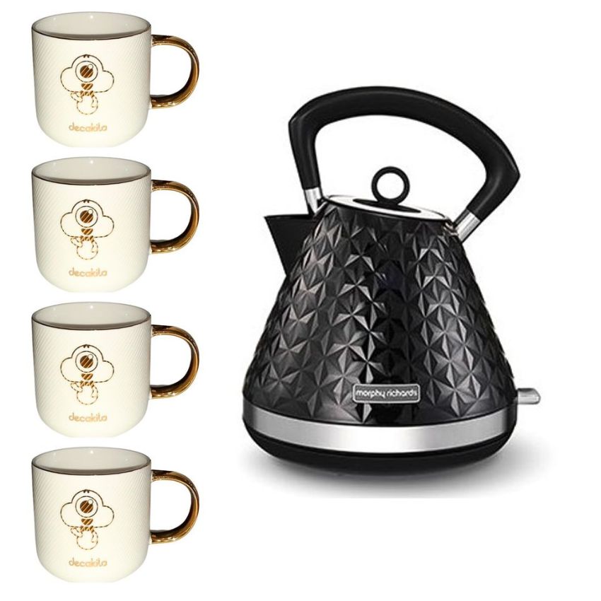 Morphy Richards – 1.5L BlackPlastic Kettle & Ceramic Mugs 330ml- Pack of 4