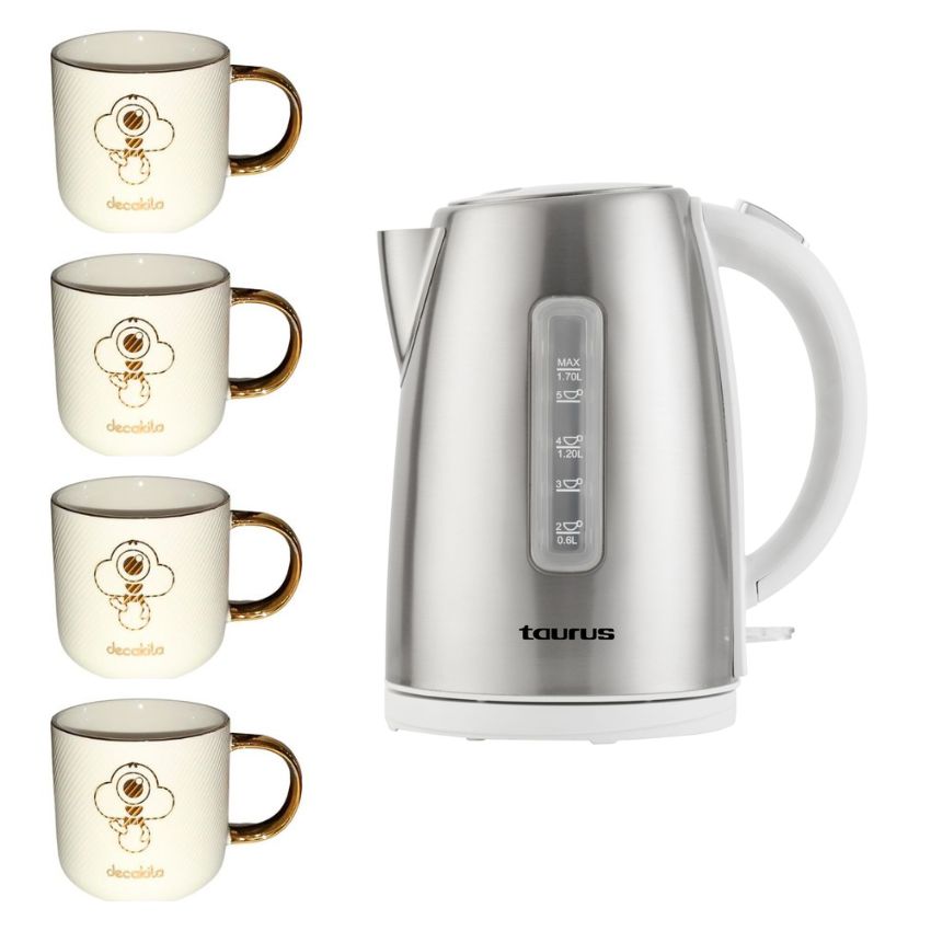 Taurus -Cordless Stainless Steel 1.7L Kettle & Ceramic Mugs 330ml-Pack of 4