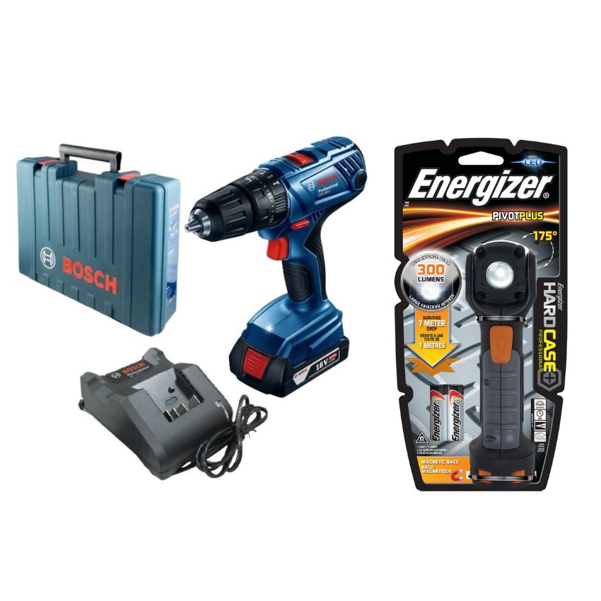 Bosch – Cordless Combo Drill Kit-(18V) & Energizer Light (Incl. 2x AA)