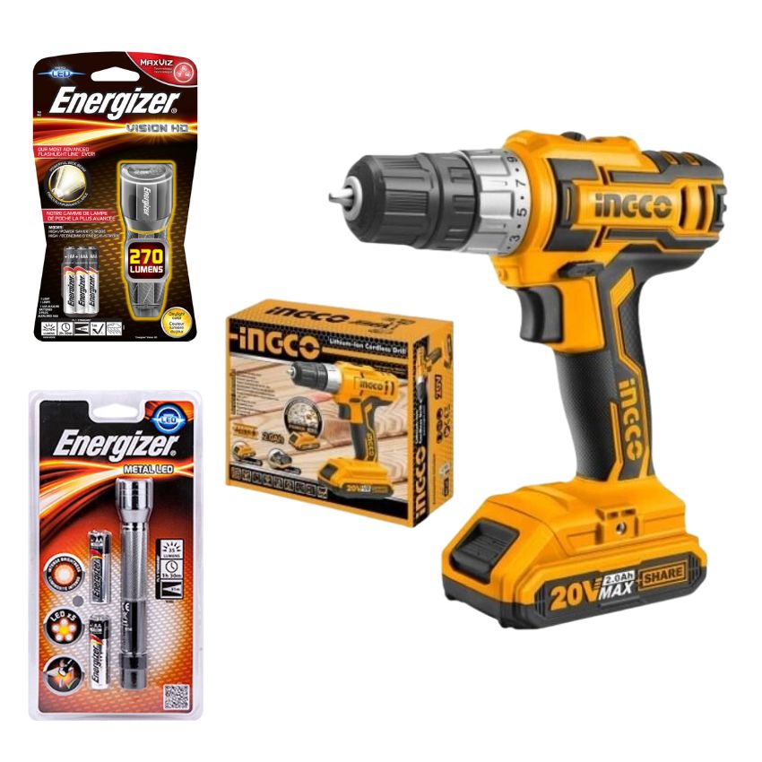 Ingco – Lithium-Ion Cordless Drill 20V,Battery,Charger & Energizer Torches